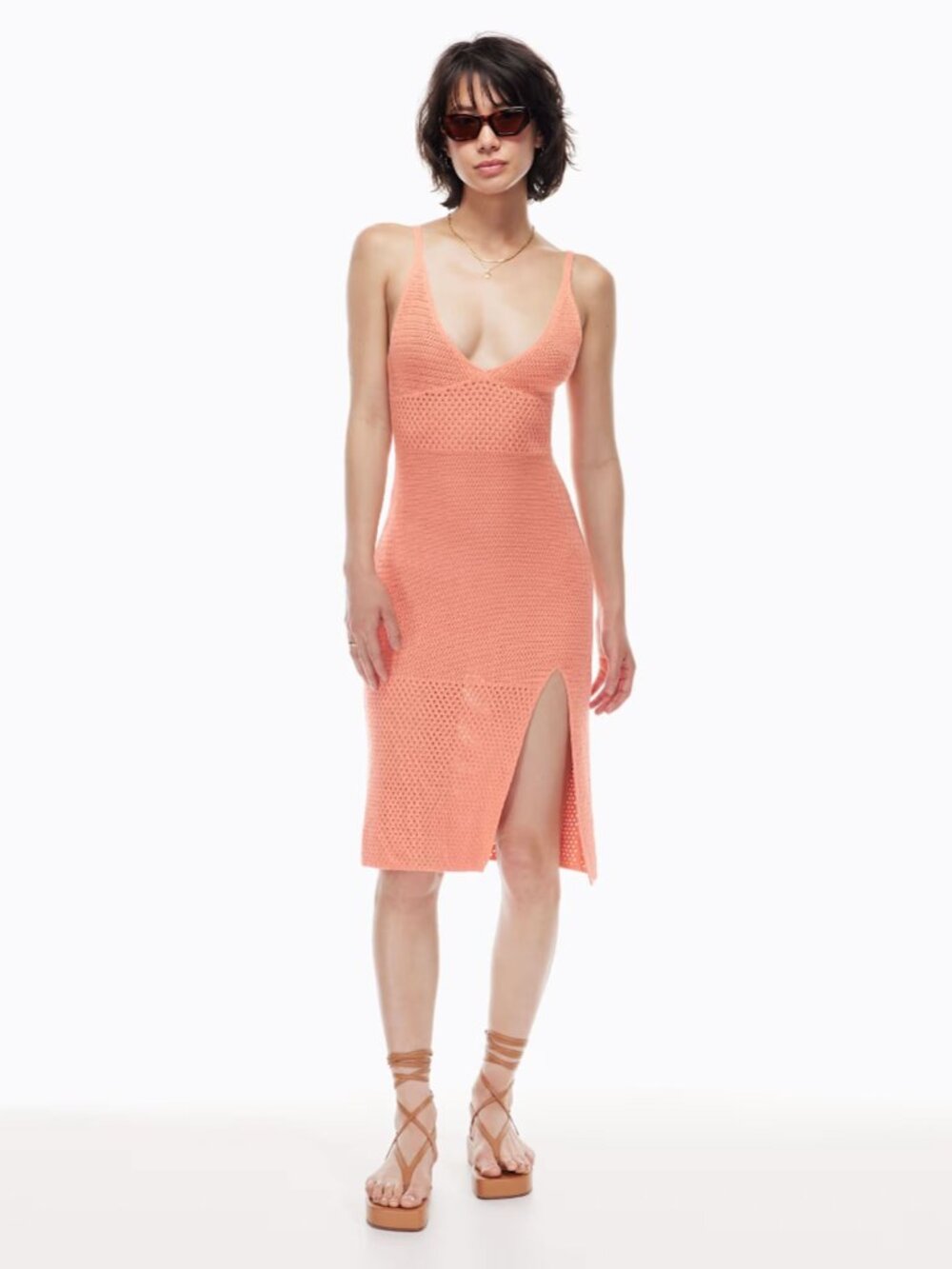 Aritzia Wilfred Evie Midi Dress Crochet 100% Cotton V Neck Coral Size XS NWT